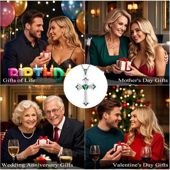 Cross Necklace for Women, Heart CZ Birthstone Pendant Necklace Crucifix, Birthda - Picture 6 of 7